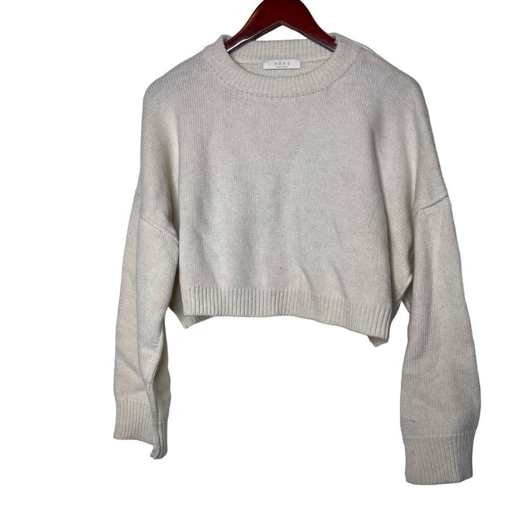 Hers Cropped Crewneck Long Sleeve Pullover Cropped Sweater White Womens S